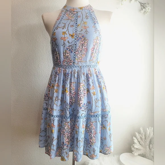 ABEL THE LABEL BLUE FLORAL FIT & FLARE JAASE BACKLESS HALTER MINI DRESS SZ SMALL - Picture 2 of 16